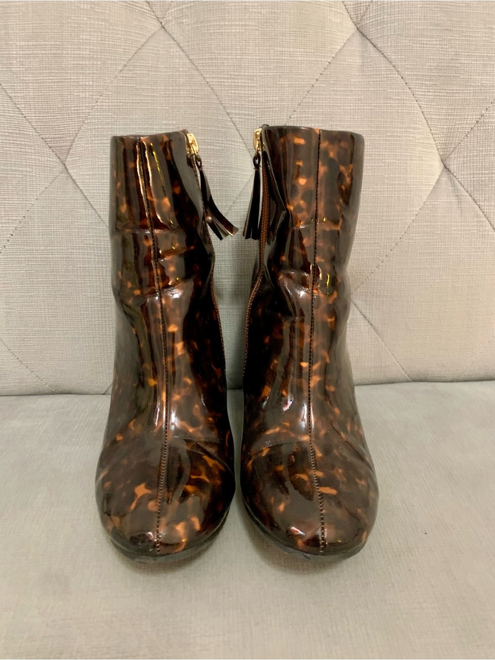 Lulu's Brown Tortoiseshell Patent Ankle Booties with Tassel Zipper